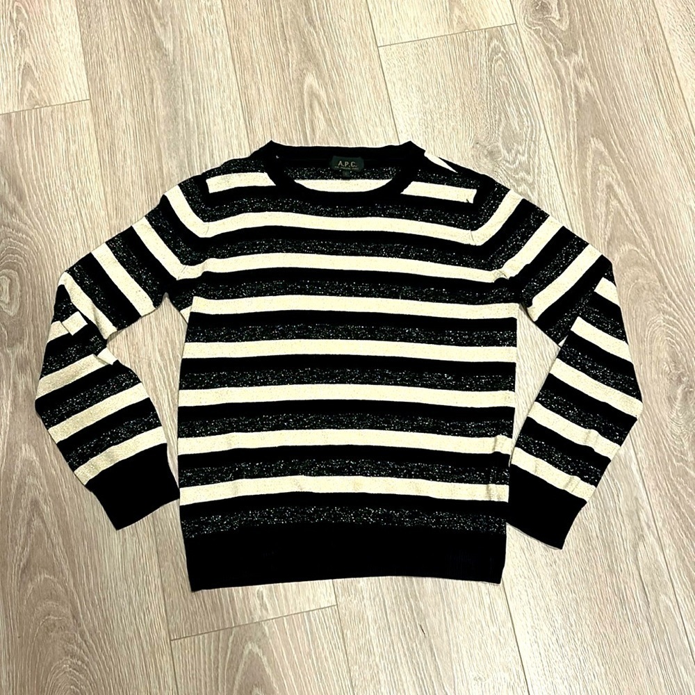 A.P.C Black & Cream Sparkle Striped Crew Neck Long Sleeve Sweater Size Large